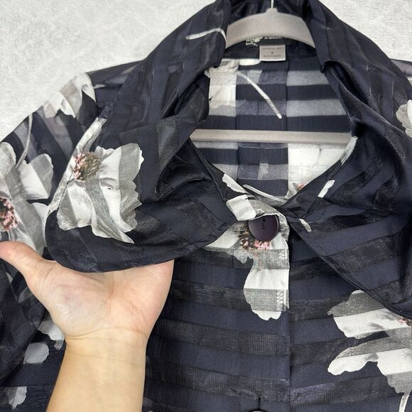 Damee Inc Semi Sheer Organza Jacket Small Navy Floral Lagenlook Wearable Artsy - Picture 2 of 13